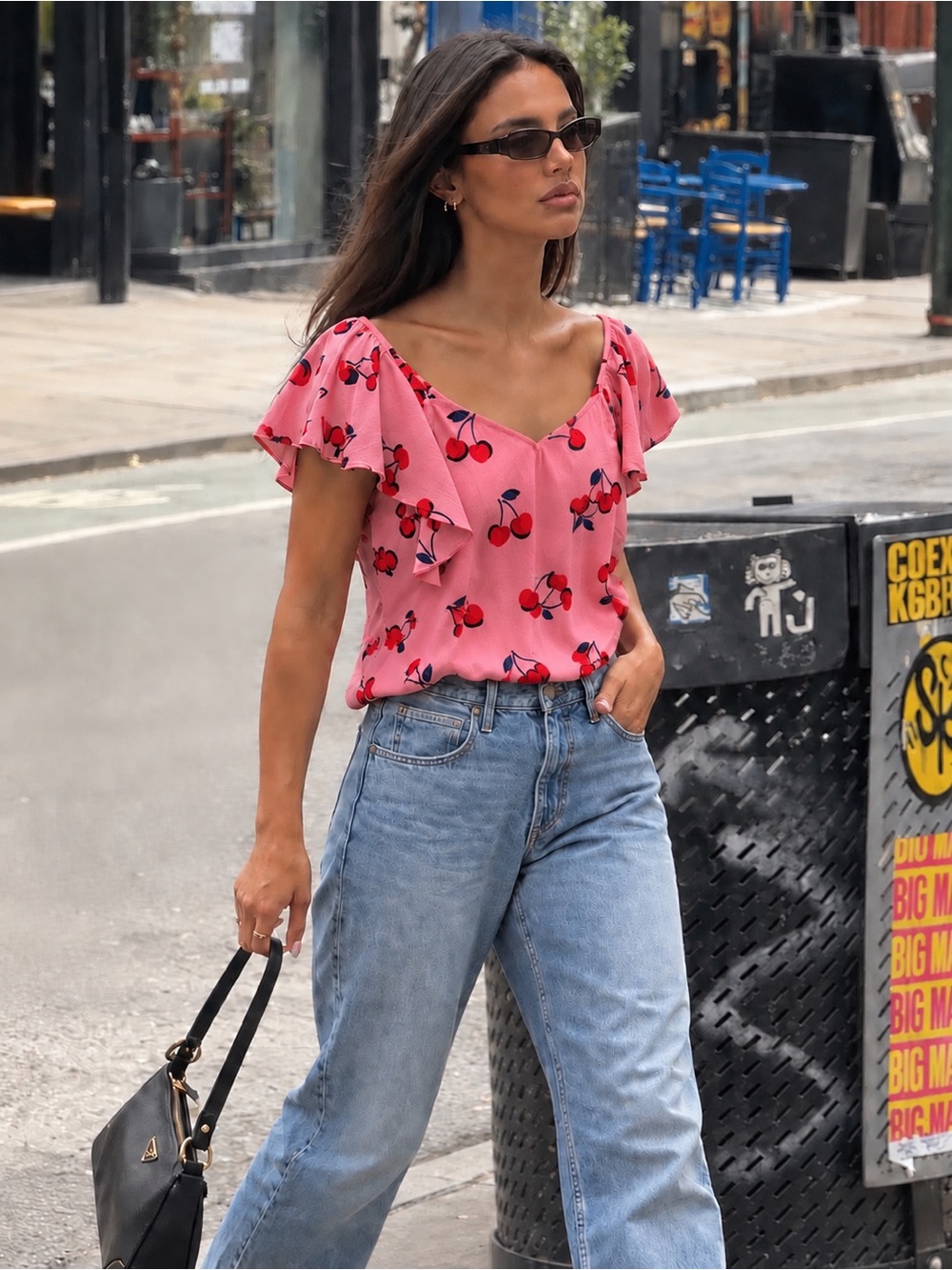 Kate Spade New York Pink Cherry Print Ruffle Flutter Sleeve Top Preppy Coquette